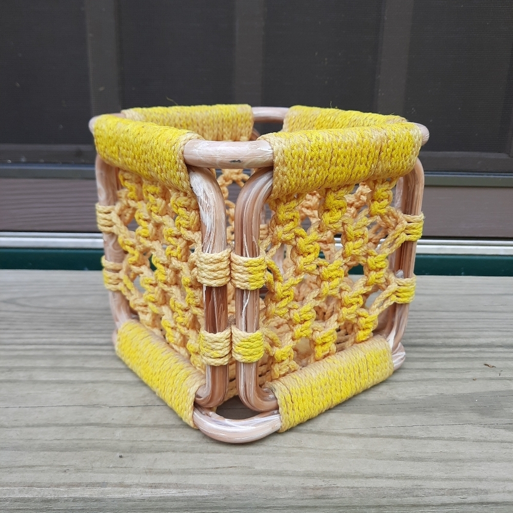 Vintage 1970s Boho Golden Yellow Macrame And Swirl Lucite Woven Storage Cube